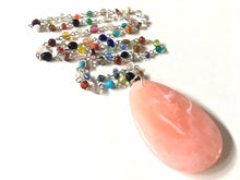 Load image into Gallery viewer, Peach Pendant Necklace in Rainbow glass beaded chain, Long acrylic teardrop jewelry, ash white necklace, pink jewelry pride colorful