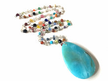 Load image into Gallery viewer, Seafoam Pendant Necklace in Rainbow glass beaded chain, Long acrylic teardrop jewelry, ash white necklace, green jewelry pride colorful