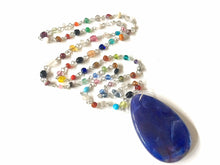 Load image into Gallery viewer, Royal Blue Swirl Pendant Necklace in Rainbow glass beaded chain, Long acrylic teardrop jewelry, ash white necklace, jewelry pride colorful