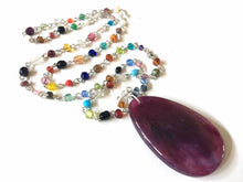 Load image into Gallery viewer, Purple Pendant Necklace in Rainbow glass beaded chain, Long acrylic teardrop jewelry, ash white necklace, eggplant jewelry pride colorful