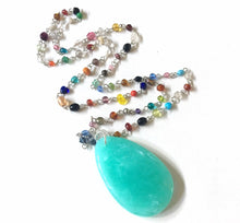 Load image into Gallery viewer, Mint Pendant Necklace in Rainbow glass beaded chain, Long acrylic teardrop jewelry, ash white necklace, green jewelry pride colorful