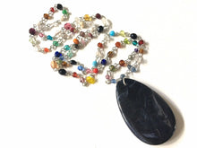 Load image into Gallery viewer, Black Pendant Necklace in Rainbow glass beaded chain, Long acrylic teardrop jewelry, ash white necklace, jewelry pride colorful