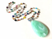 Load image into Gallery viewer, Winter Mint Pendant Necklace in Rainbow glass beaded chain, Long acrylic teardrop jewelry, white necklace, green jewelry pride colorful