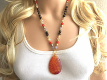 Load image into Gallery viewer, Earthy neutrals & red AGATE Pendant Chunky Statement Necklace jewlery, Beaded wood teardrop gold pendant chunky bib yellow marigold
