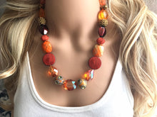 Load image into Gallery viewer, Orange & metallic Necklace, single strand jewelry, big beaded chunky statement necklace, bridesmaid necklace olive green orange
