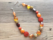 Load image into Gallery viewer, Orange & metallic Necklace, single strand jewelry, big beaded chunky statement necklace, bridesmaid necklace olive green orange