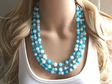 Load image into Gallery viewer, Blue Ombré Beaded Statement Necklace, beaded jewelry, blue jewelry, teal beaded necklace, turquoise jewelry blue necklace, chunky beaded bib