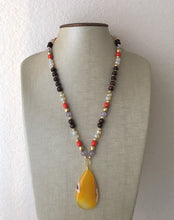 Load image into Gallery viewer, Earthy neutrals & red AGATE Pendant Chunky Statement Necklace jewlery, Beaded wood teardrop gold pendant chunky bib yellow marigold