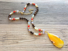 Load image into Gallery viewer, Earthy neutrals & red AGATE Pendant Chunky Statement Necklace jewlery, Beaded wood teardrop gold pendant chunky bib yellow marigold