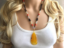 Load image into Gallery viewer, Earthy neutrals & red AGATE Pendant Chunky Statement Necklace jewlery, Beaded wood teardrop gold pendant chunky bib yellow marigold