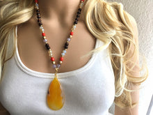 Load image into Gallery viewer, Earthy neutrals & red AGATE Pendant Chunky Statement Necklace jewlery, Beaded wood teardrop gold pendant chunky bib yellow marigold
