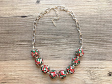 Load image into Gallery viewer, Christmas Emerald green Statement Necklace & Earrings, Christmas jewelry, Your Choice GOLD or SILVER, green bib chunky necklace forest