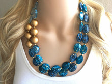 Load image into Gallery viewer, Gold Big Bead & royal blue Necklace - Double Strand Statement Jewelry, Chunky bib bridesmaid or everyday bubble jewelry metallic