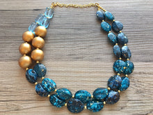 Load image into Gallery viewer, Gold Big Bead & royal blue Necklace - Double Strand Statement Jewelry, Chunky bib bridesmaid or everyday bubble jewelry metallic