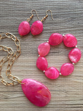 Load image into Gallery viewer, Dark Pink Pendant Necklace Earrings Bracelet, Your Choice Gold OR Silver Chain, You choose length, Long jewelry, hot pink necklace jewelry