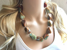 Load image into Gallery viewer, Earth Tones neutral Necklace, single strand jewelry, big beaded chunky statement necklace, bridesmaid necklace turquoise green