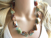 Load image into Gallery viewer, Earth Tones neutral Necklace, single strand jewelry, big beaded chunky statement necklace, bridesmaid necklace turquoise green
