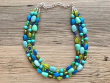 Load image into Gallery viewer, Blue & Green Mermaid Peacock Chunky Statement Necklace, Triple Strand Beaded Jewelry, Blue Green jewelry, bridesmaid wedding bib resin