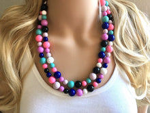 Load image into Gallery viewer, Jewel Tones Statement Necklace, rainbow double strand chunky bib beaded jewelry, colorful bead necklace, thick textured rainbow