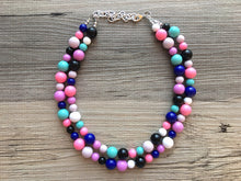 Load image into Gallery viewer, Jewel Tones Statement Necklace, rainbow double strand chunky bib beaded jewelry, colorful bead necklace, thick textured rainbow