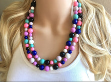 Load image into Gallery viewer, Jewel Tones Statement Necklace, rainbow double strand chunky bib beaded jewelry, colorful bead necklace, thick textured rainbow