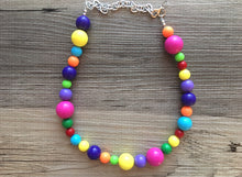 Load image into Gallery viewer, Statement Necklace, rainbow single strand chunky bib beaded jewelry, colorful bead necklace, thick textured rainbow statement