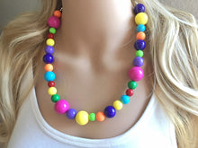 Load image into Gallery viewer, Statement Necklace, rainbow single strand chunky bib beaded jewelry, colorful bead necklace, thick textured rainbow statement