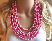 Load image into Gallery viewer, Blush Coral Dark Pink Beaded Necklace, pink Jewelry, 5 strand Chunky statement necklace, big beaded necklace, pink statement magenta