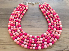 Load image into Gallery viewer, Blush Coral Dark Pink Beaded Necklace, pink Jewelry, 5 strand Chunky statement necklace, big beaded necklace, pink statement magenta