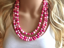Load image into Gallery viewer, Blush Coral Dark Pink Beaded Necklace, pink Jewelry, 3 strand Chunky statement necklace, big beaded necklace, pink statement magenta