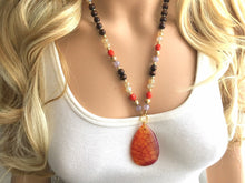 Load image into Gallery viewer, Earthy neutrals & red AGATE Pendant Chunky Statement Necklace jewlery, Beaded wood teardrop gold pendant chunky bib yellow marigold
