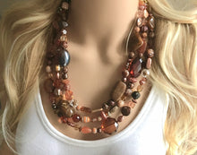 Load image into Gallery viewer, Chocolate Dream, Shades of Brown statement necklace, chunky brown bib necklace, beaded triple strand jewelry, brown bridesmaid wedding jewel