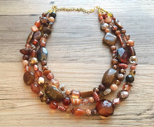 Load image into Gallery viewer, Chocolate Dream, Shades of Brown statement necklace, chunky brown bib necklace, beaded triple strand jewelry, brown bridesmaid wedding jewel