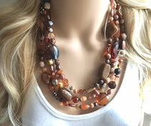 Load image into Gallery viewer, Chocolate Dream, Shades of Brown statement necklace, chunky brown bib necklace, beaded triple strand jewelry, brown bridesmaid wedding jewel