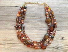 Load image into Gallery viewer, Chocolate Dream, Shades of Brown statement necklace, chunky brown bib necklace, beaded triple strand jewelry, brown bridesmaid wedding jewel