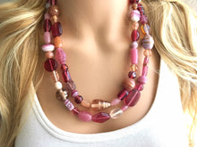 Load image into Gallery viewer, Glass Lampwork handmade beaded Chunky Statement Necklace, double strand jewelry, blush pink magenta gold geometric glass jewelry