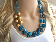 Load image into Gallery viewer, Gold Big Bead & royal blue Necklace - Double Strand Statement Jewelry, Chunky bib bridesmaid or everyday bubble jewelry metallic
