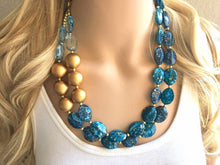 Load image into Gallery viewer, Gold Big Bead & royal blue Necklace - Double Strand Statement Jewelry, Chunky bib bridesmaid or everyday bubble jewelry metallic