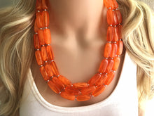 Load image into Gallery viewer, Bright Chunky Orange Statement Necklace, Big beaded jewelry, Triple Strand Statement Necklace, Bib necklace orange bridesmaid wedding silver