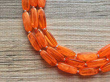 Load image into Gallery viewer, Bright Chunky Orange Statement Necklace, Big beaded jewelry, Triple Strand Statement Necklace, Bib necklace orange bridesmaid wedding silver