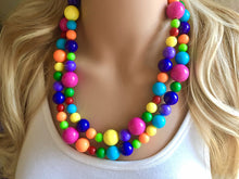 Load image into Gallery viewer, Statement Necklace, rainbow double strand chunky bib beaded jewelry, colorful bead necklace, thick textured rainbow statement