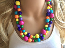 Load image into Gallery viewer, Statement Necklace, rainbow double strand chunky bib beaded jewelry, colorful bead necklace, thick textured rainbow statement