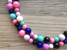 Load image into Gallery viewer, Jewel Tones Statement Necklace, rainbow double strand chunky bib beaded jewelry, colorful bead necklace, thick textured rainbow