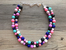 Load image into Gallery viewer, Jewel Tones Statement Necklace, rainbow double strand chunky bib beaded jewelry, colorful bead necklace, thick textured rainbow