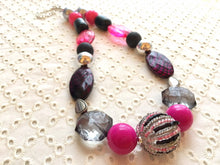 Load image into Gallery viewer, Pink Silver & Black Chunky Statement Necklace, Pink and black beaded jewelry, single Strand Bib Necklace, Beaded necklace, black necklace