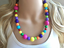 Load image into Gallery viewer, Statement Necklace, rainbow single strand chunky bib beaded jewelry, colorful bead necklace, thick textured rainbow statement