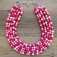Load image into Gallery viewer, Blush Coral Dark Pink Beaded Necklace, pink Jewelry, 5 strand Chunky statement necklace, big beaded necklace, pink statement magenta