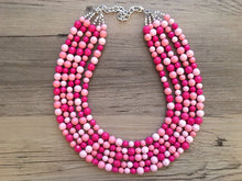 Load image into Gallery viewer, Blush Coral Dark Pink Beaded Necklace, pink Jewelry, 5 strand Chunky statement necklace, big beaded necklace, pink statement magenta