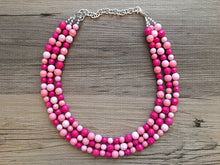 Load image into Gallery viewer, Blush Coral Dark Pink Beaded Necklace, pink Jewelry, 3 strand Chunky statement necklace, big beaded necklace, pink statement magenta