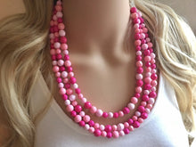 Load image into Gallery viewer, Blush Coral Dark Pink Beaded Necklace, pink Jewelry, 3 strand Chunky statement necklace, big beaded necklace, pink statement magenta